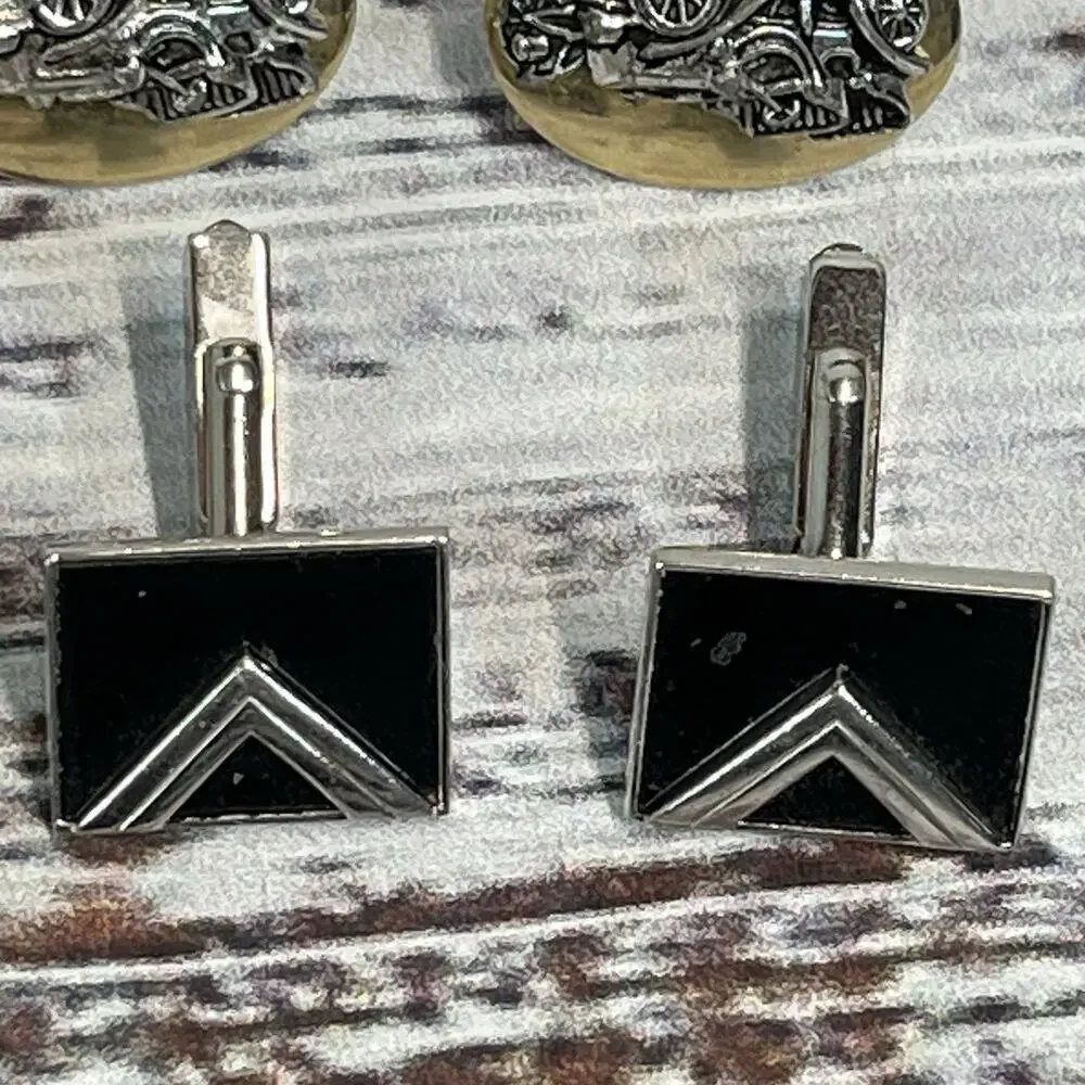 Vintage Set of 4 Mens Cufflinks Antique Cars Circles Mother of Pearl Gold Silver